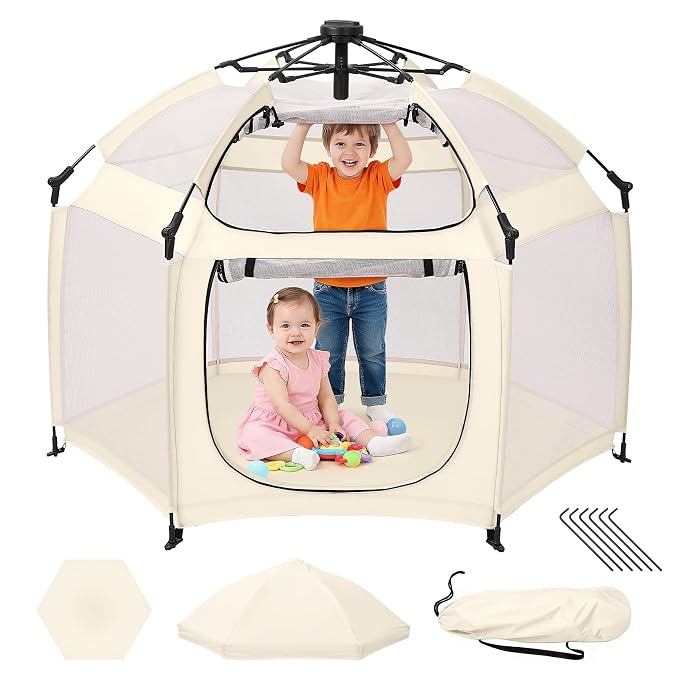 Dripex Pop Up Playpen w/t Built-in Pad & One-Click Safe Lock, Foldable Indoor/Outdoor Baby Playpen w/t Removable Canopy &Roll-Up Door & Top Mesh Window, Travel Pop and Go Beach Play Pen for Baby Beige