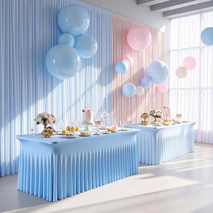 4 pk Baby Blue Spandex Tablecloth 6ft with Ruffle Skirt, Wrinkle Free High Stretch Fitted Tablecloths for 6 Foot Rectangle Tables, Blue Eastic Spandex Table Covers 6ft for Parties Banquet Weddings