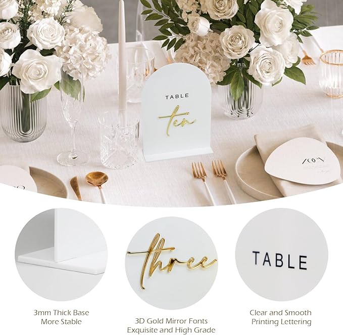 White Arched Wedding Table Numbers 1-15 with Stands, 5x7 Inch White Acrylic Arch Sign with Gold Numbers, Arch Acrylic Table Numbers for Wedding Reception