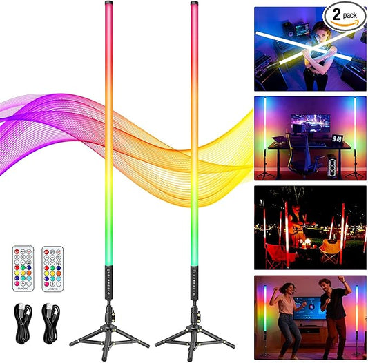 2 Pack 4ft RGB Tube Light with Stand, 5000mAh Battery Light Tube, 500 Lighting Modes, 2.4G Remote, Dimmable Neon LED Video Light Bar for Photography Studio DJ Party Wedding Stage Lighting