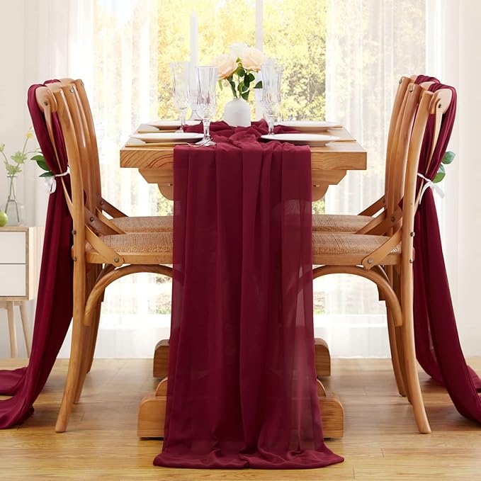 Burgundy Chiffon Table Runners 10 Pieces 14x120 Inches Sheer Table Runner for Weddings Baby Shower Birthday Party Table Top Decoration