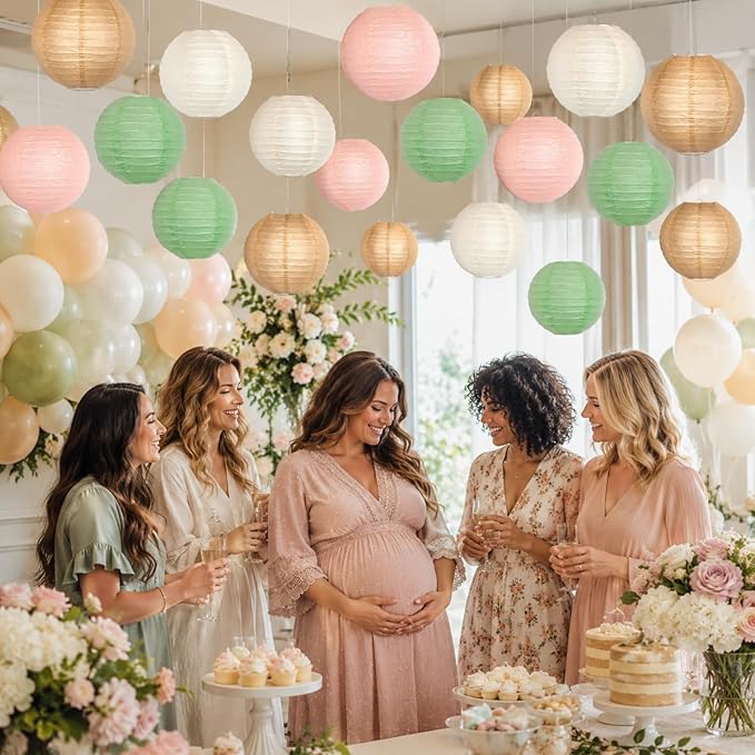 ADLGG 21 Pcs Paper Lanterns Decorative Sets - Sage Green, Pink, Brown Round Hanging Lanterns for Greduation, Woodland Birthday, Neutral Baby Shower, Boho Bridal Shower, Rustic Wedding Party Decor