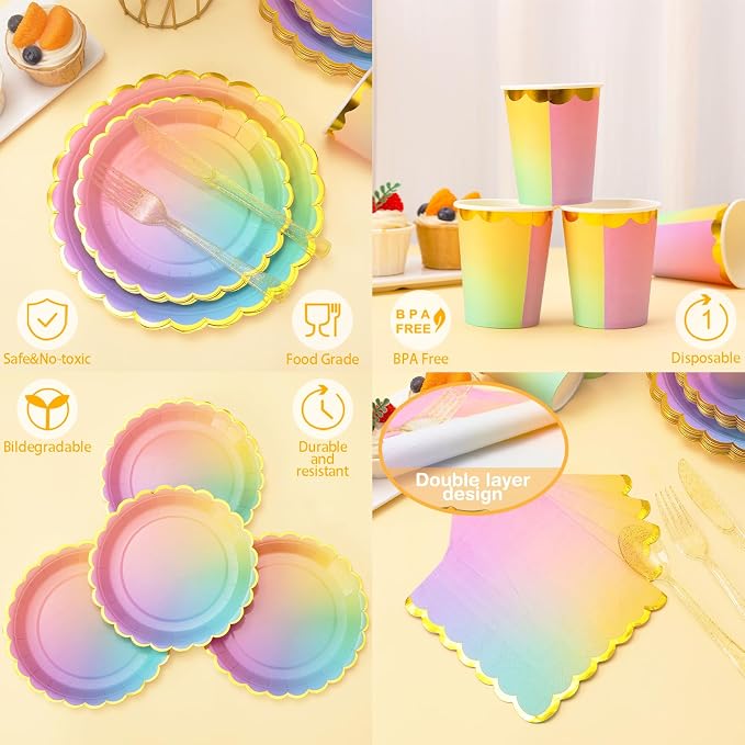 169 Pcs Rainbow Birthday Decorations, Rainbow Plates, Pastel Birthday Plates and Napkins Serves 24, Girls Party, Pastel Party Decorations，Colorful Pride Month