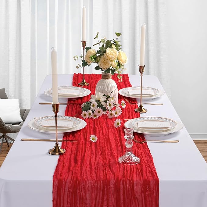 6 Pack Red Table Runner Cheesecloth 10Ft Spring Gauze Cheese Cloth Table Runner 35x120 Inch Boho Sheer Rustic Fabric for Holiday Party Decor Baby Shower Wedding Decorations
