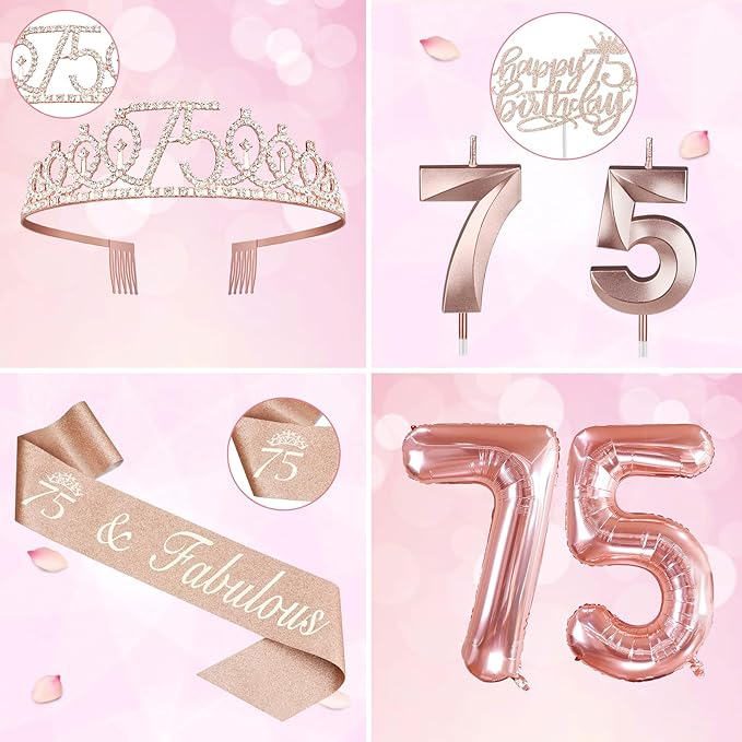75th Birthday Decorations for Women, Including 75th Birthday Sash and Crown, Cake Topper and Candles, Number Balloons, Greeting Card, 75 Year Old Gifts for Women