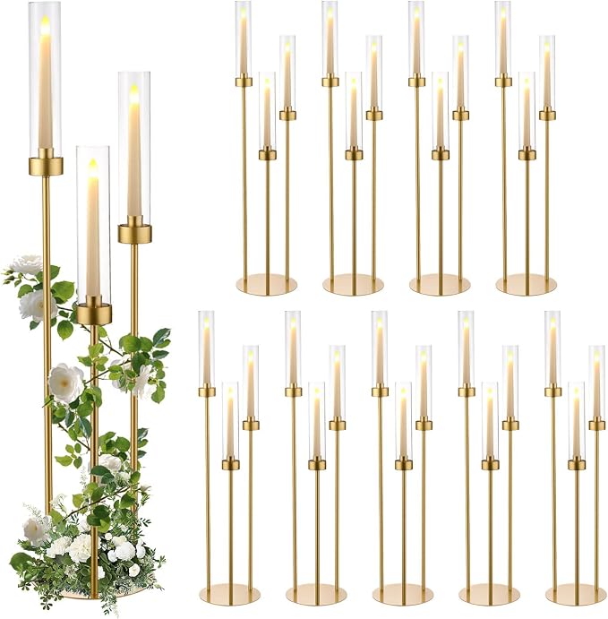 10pcs Gold Candelabra for Wedding Table Centerpieces, 33.8'' Tall 3 Arm Candle Holder with Acrylic Lampshade for Party, Events, Church, Christmas & Halloween Home Decor, Fit LED Taper Candles