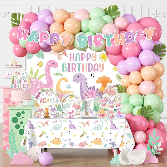 293pcs Pink Dinosaur Birthday Decorations for Girl, Worry-free One-stop Set for 25 Guests, with Dinosaur Balloon Arch, Plates and Dino Cupcake Stand, Easy Setup for Dinosaur-Themed Party