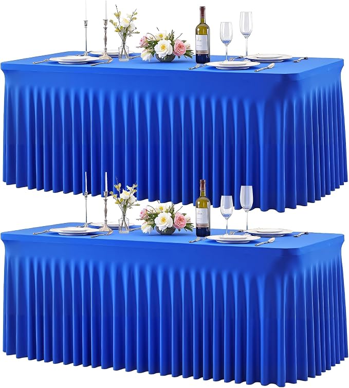 2 Pack 8ft Royal Blue Spandex Table Cloths for Rectangle Tables Wrinkle Free Rectangle Tablecloths, Stretch Fitted Table Cover with Skirt for Birthday Party Wedding Banquet Baby Shower Buffet Event