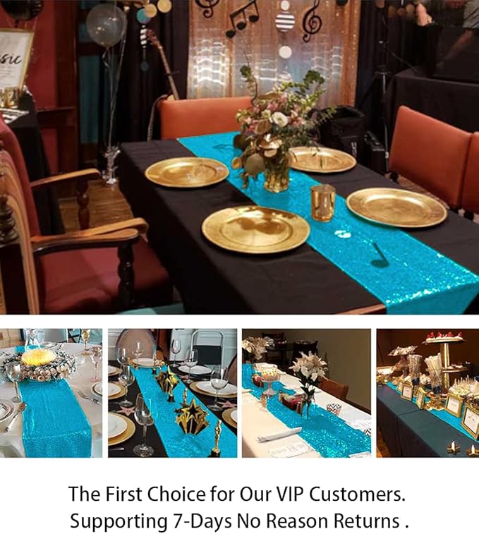 ShinyBeauty Turquoise Table Runners - Pack of 2 Sequin 12inx108in Aqua Blue Bridal Shower Decorations Wedding Reception Round Table Runners for Dining Room