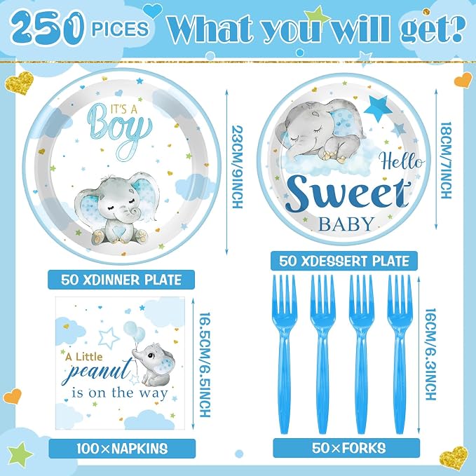 Havawish 250 Pcs Blue Elephant Baby Shower Plates and Napkins Decoration It's a Boy Wait Party Supplies Tableware Set Severs 50 Disposable Plates for Baby Boy Gender Reveal Party Supplies