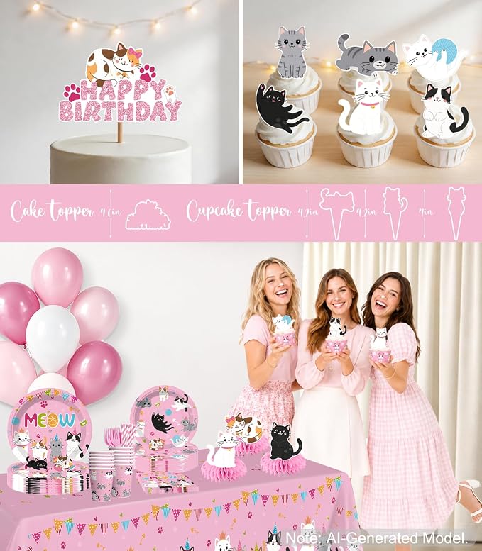 213pcs Cat Birthday Decorations, Complete Paper Tableware Set Includes 350gsm Plates 24 Cupcake Toppers and 2 Waterproof Tablecloths, Cat Themed Birthday Party Decorations for 25 People