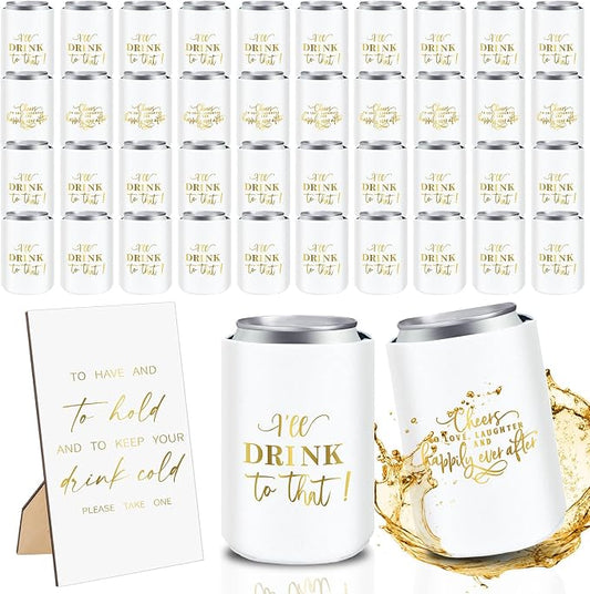 SiliFine 101 Pcs White Wedding Can Cooler Bulk Engagement Party Favors for 100 Guests Cheers to Love Laughter, and I'll Drink Can Cooler with Wooden Wedding Table Sign Bridal Shower Favor