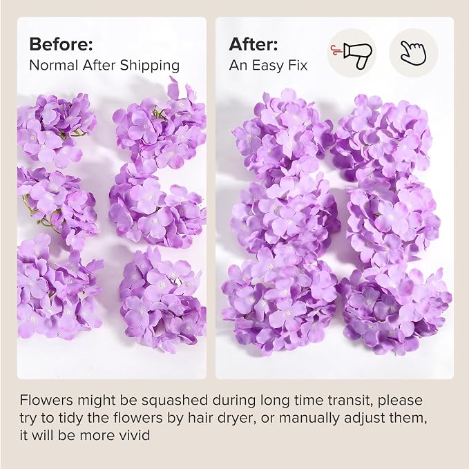 Auihiay 64pcs Hydrangea Artificial Flowers, Purple Artificial Hydrangea Flowers, Silk Hydrangea Heads with Stems for Garden, Home Party Baby Shower DIY Wedding Centerpiece (Purple)