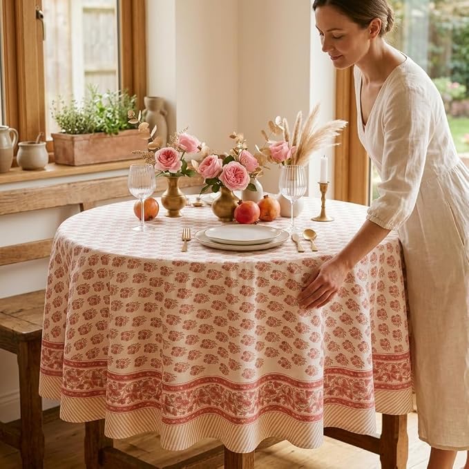 ATOSII Cotton Tablecloth 60" Inches Round Ivy Red