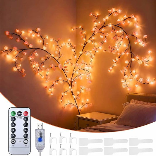 Cherry Blossom Tree Branch Lights for Wall - 7.55FT 144 LED Pink Cherry Blossom Branches String Lights with Remote Control & Cable Straps, Sakura Willow Vine Tree Light for Bedroom Door Window Room