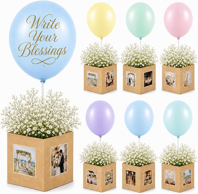 Cinrobiye 12 Pcs Wedding Table Centerpiece Boxes with Artificial Baby's Breath Flowers,Balloons,and Ribbon,DIY Photo Display Floral Table Decorations for Wedding Reception Engagement Bridal Shower