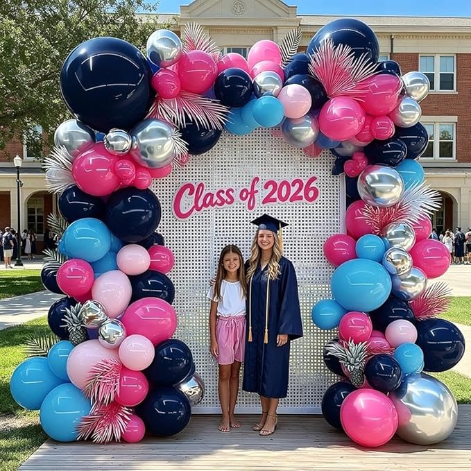 Navy Blue Pink Balloon Garland Double Stuffed Dark Blue Hot Pink Silver Balloons Royal Pastel Balloon Arch Kit for Birthday Gender Reveal Baby Shower Graduation Tropical Hawaii Party Decorations