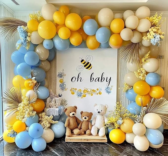 Blue Yellow Balloon Garland Double Stuffed Sand White Balloons Dusty Blue Yellow Cream Balloon Arch Kit for Baby Shower Birthday Gender Reveal Bee Honey Party Decorations