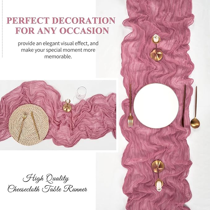 16 Pack 10Ft Cheesecloth Table Runner Dusty Rose, 20 x 120 Inch Rustic Gauze Boho Cheese Cloth Runners Wedding Long Table Runner for Wedding Party Bridal Shower Table Decoration