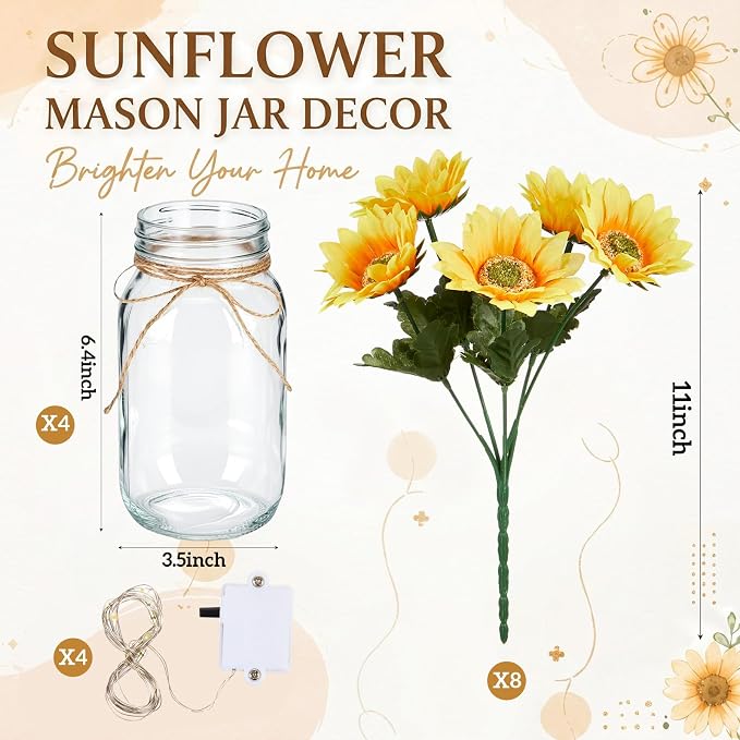 Mason Jar with Lights Decorative Centerpieces for Tables Mason Jars Flowers Decorations LED Farmhouse Vase for Home Wedding Event Party Decor(Sunflower,Yellow,4 Sets)