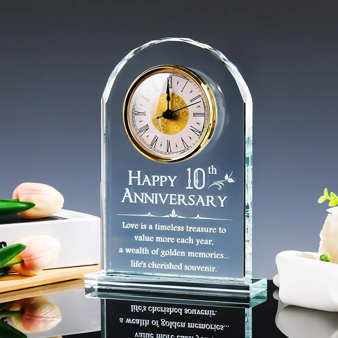 YWHL 10 Year Wedding Anniversary Clock Gifts for Couples, Laser Engraved 10th Anniversary Glass Keepsake for Him Her, 10 Year Wedding Gifts for Wife Husband (Battery not Included