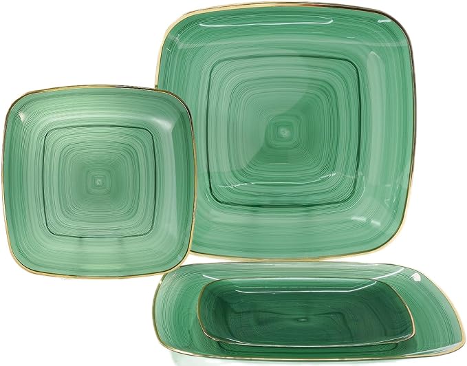 OCCASIONS 50 Green Disposable Dinner Plates (25 Guests) - Fancy Square Heavy Duty Plastic Dinnerware Set with Gold Rim for Wedding Party, 25x10" + 25x7" Salad/Dessert, BPA Free, Belize in Green & Gold