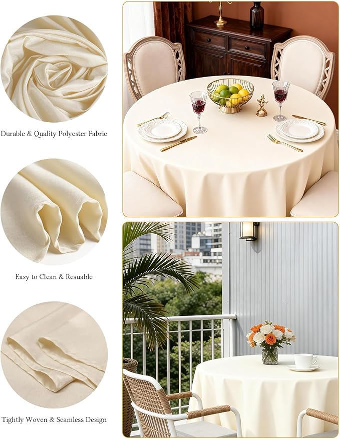 BESTVIP 60" Ivory Ivory Round Decorative Tablecloths | Fits 20"-48" Tables | Polyester Fabric Washable Table Cloth Cover for Wedding, Reception, Banquet, Birthday Party, Buffet, Restaurant