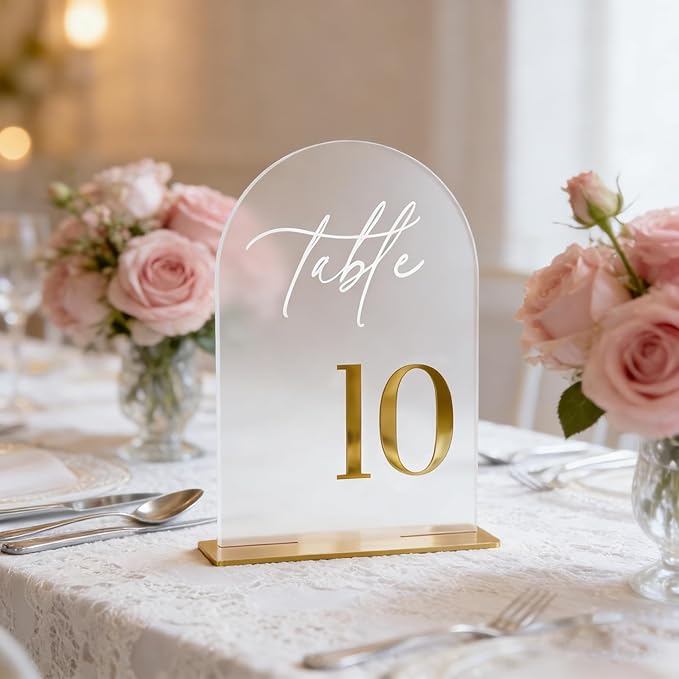 Frosted Wedding Table Numbers 1-10 with Stands, Elegant Gold Number Arch Acrylic Signs with Holder, 5.5" x 7" Gold 3D Table Numbers for Wedding Reception, Party, Anniversary, Events