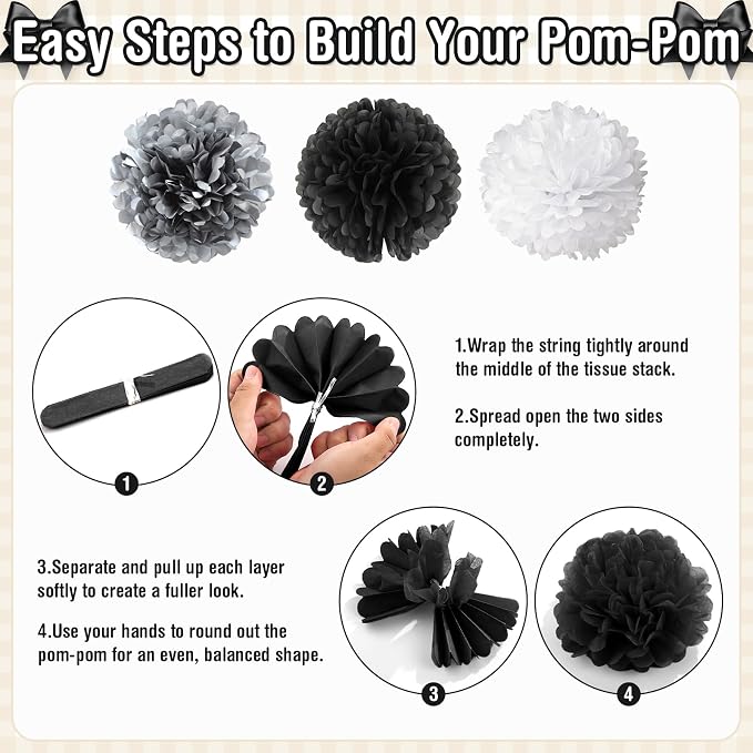 Black Bow Birthday Decorations, Sand White Happy Birthday Balloon Banner with Bow and Heart Foil Balloons Fringe Curtain Tissue Paper Pompoms Garland Party Supplies for Women Girls Boys