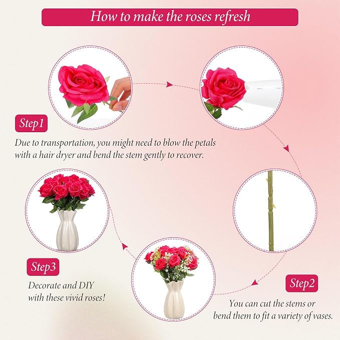 Hotop 20 Pcs Artificial Rose Flowers with Long Stem, Real Lifelike Silk Realistic Plastic Bouquet Roses Bulk for Home Decor Bridal Wedding Party Table Centerpieces Decorations(Hot Pink)