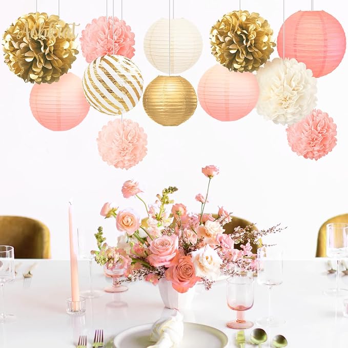 AOBKIAT Birthday Party Decorations Set for Girls Women,12PCS Pink Gold Tissue Paper Pom Poms Lanterns Flowers,for Engagement,Wedding,Baby Shower,Bridal Shower,Girl Party