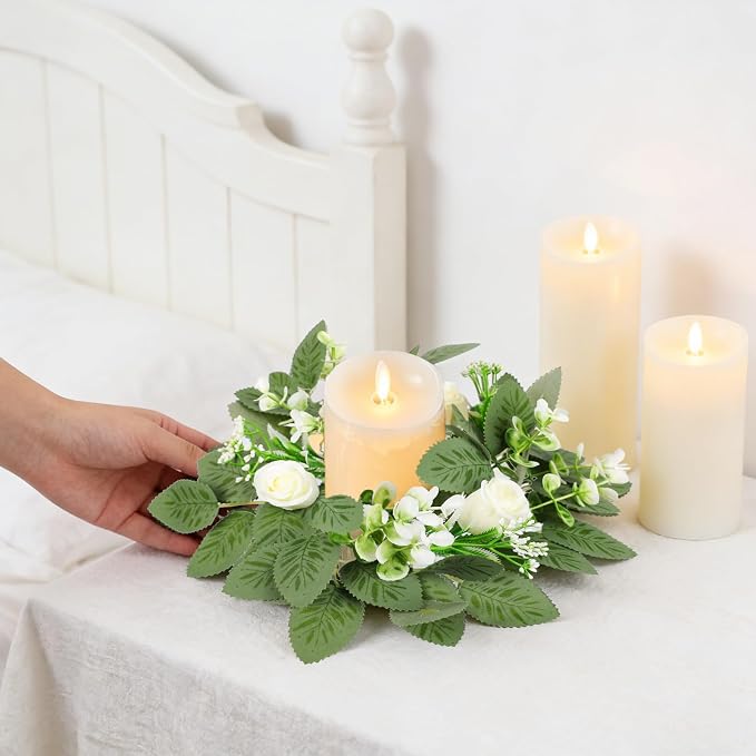 4 Pcs White Rose Candle Rings, 9 Inch Small Eucalyptus Wreath with White Roses & Baby Breath, Artificial Floral Candle Wreath Rings for Pillar Candle Wedding Table Centerpieces Home Decor