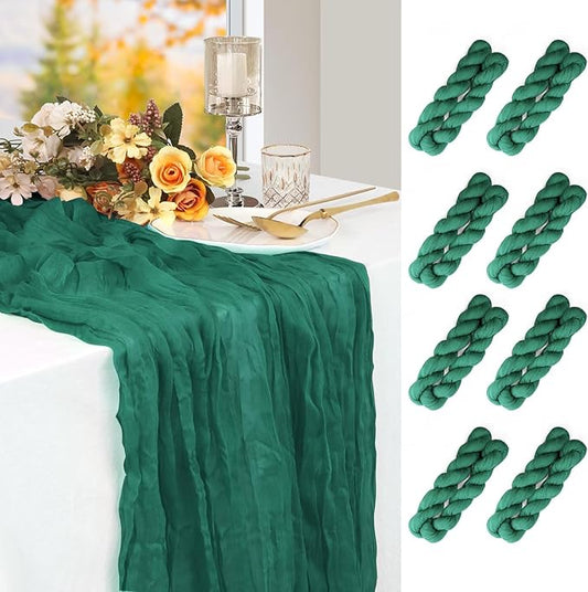 8 Pack Emerald Green Cheesecloth Table Runner - 10 ft Boho Gauze Runner for Wedding, Dinner, Party Decoration