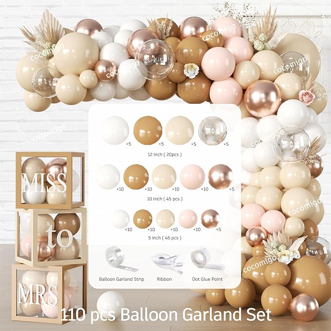 cocomigo 301pcs Boho Bridal Shower Decorations Complete Party Set, Serves 25 Guests, Boho Wedding Engagement Theme Bridal Shower Decorations, includes Balloon Arch Box Tableware Veil Shoulder Straps