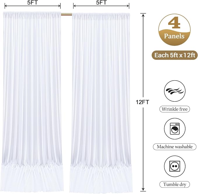 20ftx12ft Wrinkle Free White Backdrop Curtain, 4 Panels 12FT Long Wedding Photo Backdrop Drapes, Silky Polyester Back Drop Cloth for Birthday Photography Background Party Backdrop Draping