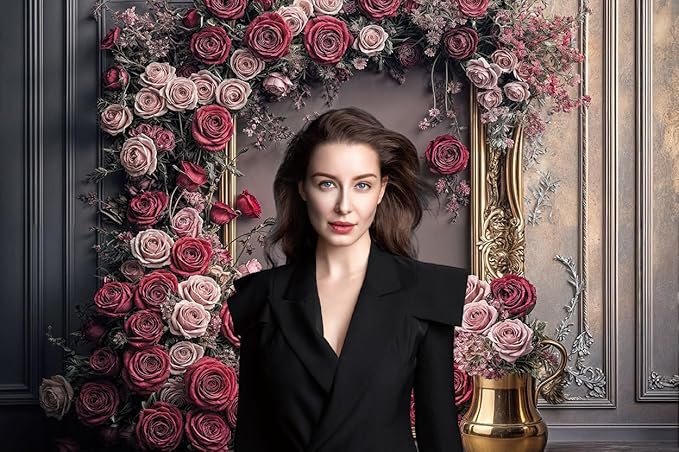 15X10ft Retro Wall Wedding Backdrops Frame Style Pink Red Rose Flowers Purple Wall Background Medieval Interior European Style Photo Background Bridal Birthday Girls Women Decoration Backdrop