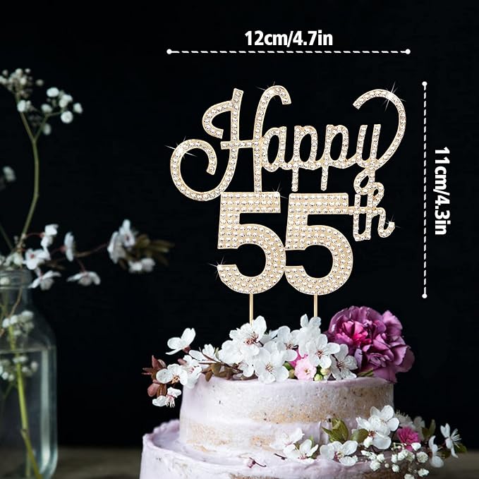 LINGTEER Happy 55th Birthday Gold Rhinestone Cake Topper - Cheers to 55th Birthday 55 Years Old Anniversary Party Cake Centerpieces Topper Decorations Gift Sign.