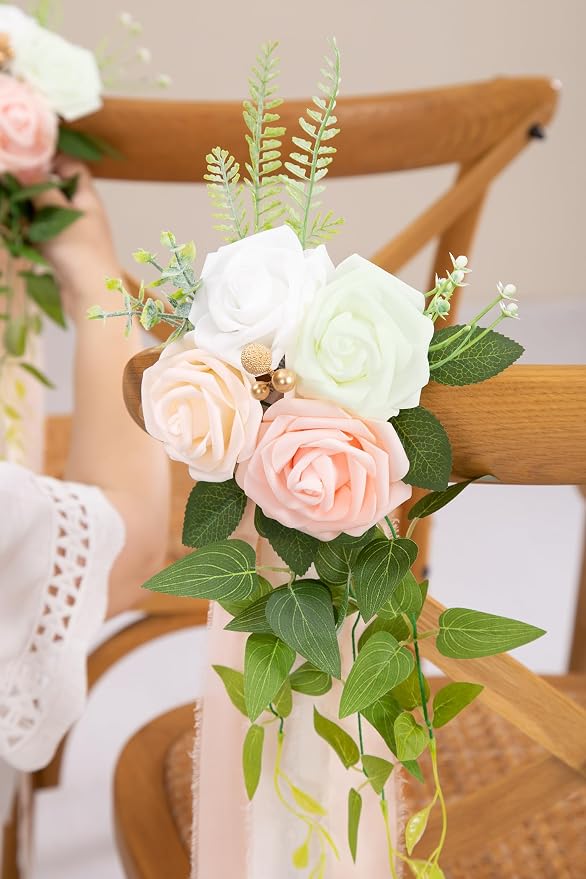 DORIS HOME Wedding Aisle Decorations Pink Pew Flowers Set of 10 for Wedding Ceremony Party Chair Decor with Artificial Flowers Eucalyptus and Ribbons