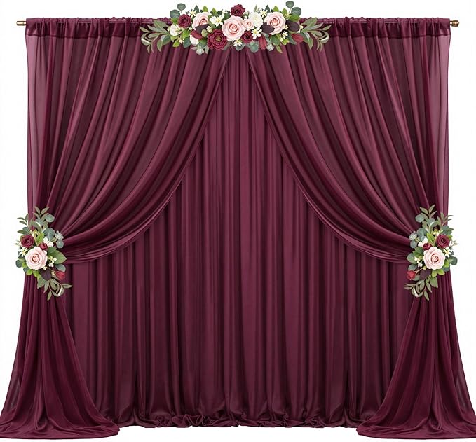 20ft x 10ft Burgundy Backdrop Curtains, Wrinkle-Free Sheer Chiffon Fabric Photo Backdrop Drapes for Wedding Arch Party Ceremony Stage Photography Decorations