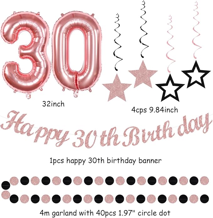 Rose-Gold Pink Black Women 30th Happy Birthday Party Decorations Hugmoon | 21pcs Kit 30th Balloon,Cute Girl Banner,Streamers,Tissue Paper Pom Poms Flowers Fans,Birthday Garlands Decor Backdrop