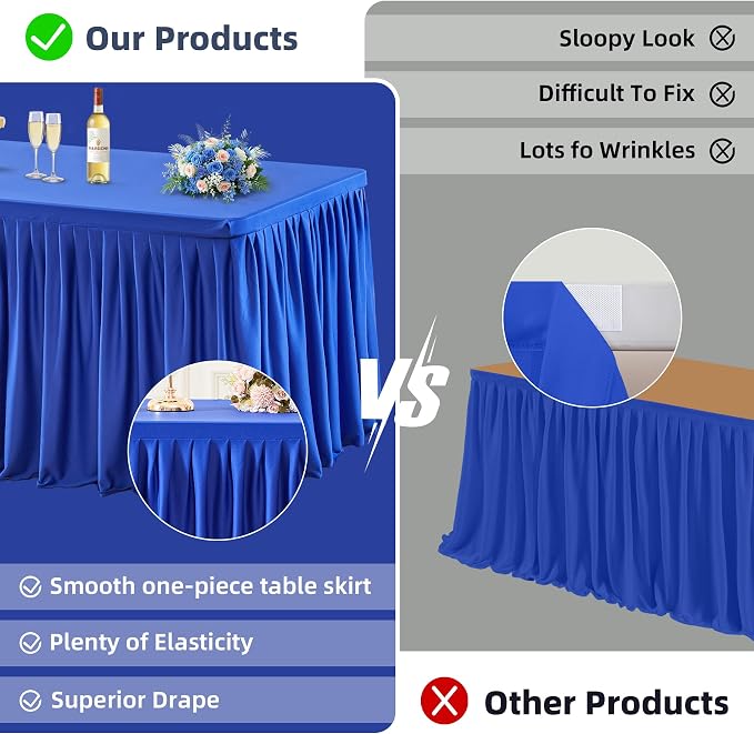 PARTISKY 2 Pack Royal Blue Tablecloths for Rectangle Tables 8ft, Wrinkle Resistant Spandex Table Cover Fitted Stretch Table Cloth with Pleated Ruffle Skirts for Party Banquet Dining Birthday Wedding