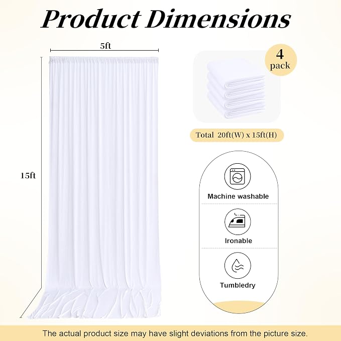 20ft x 15ft White Backdrop Curtains for Wedding Parties, 4 Panels Wrinkle Free Fabric Drapes Photo Backdrop for Baby Shower Birthday Stage Reception Lobby Decoration