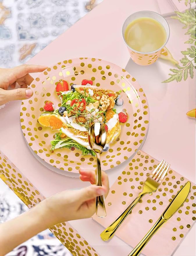 Nkaiso 141 Pieces Pink Gold Party Supplies, Party Dinnerware Sets Include Paper Plates Napkins Cups Silverware, for Wedding Bridal Shower Engagement Birthday Parties Decoration -20 Serves