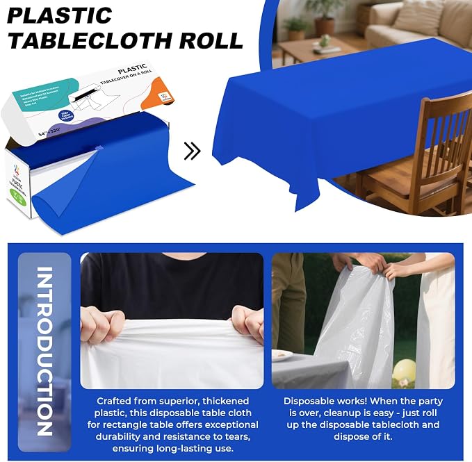 54IN X 320FT Plastic Table Cover Roll with Cutter Box, Cut to Size Plastic Table Cloths for Parties, Birthday, Disposable Tablecloth Roll for All Shape Tables (Blue, 54 Inch X 320 Feet)