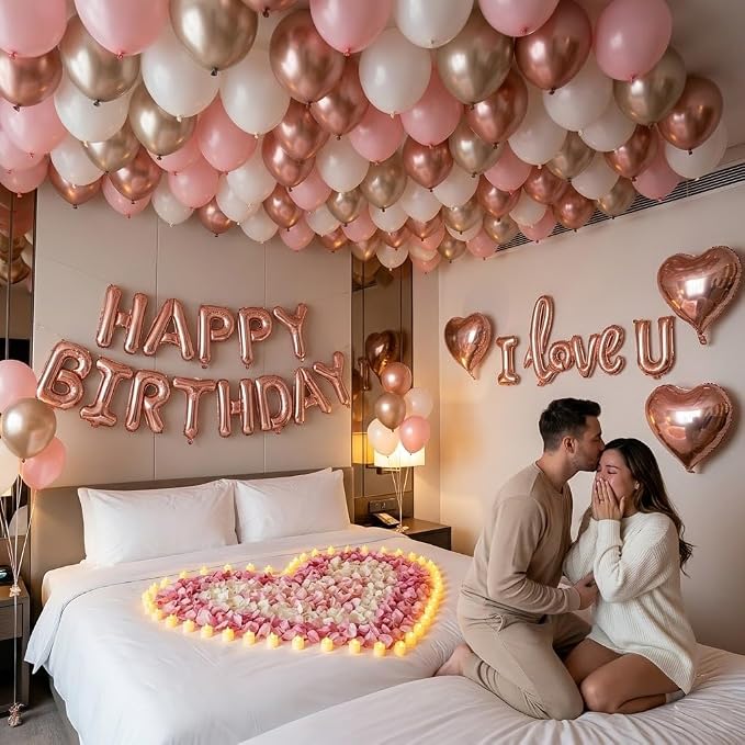 Birthday Room Decorations for Women, Happy Birthday Hotel Room Decorations for Her with Rose Gold Balloons, LOVE Balloon, LED Candle Lights, Rose Petals, Girlfriend Pink Birthday Decorations Set