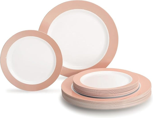 " OCCASIONS " 100 Plates Pack,(50 Guests) Heavyweight Wedding Party Disposable Plastic Plates -50x10.25'' Dinner+50x7.5'' Salad/Dessert (Rio Collection White & Pearled Pink Blush)