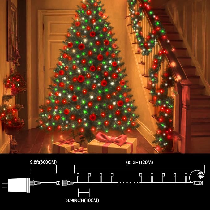 LAMPHOME 65.3ft Christmas Decorative Mini Lights, 200 LED Transparent Wire Fairy Starry String Lights Plug in, 16 Lighting Modes for Outdoor Xmas Tree Wedding Party Decoration (Red Green White)