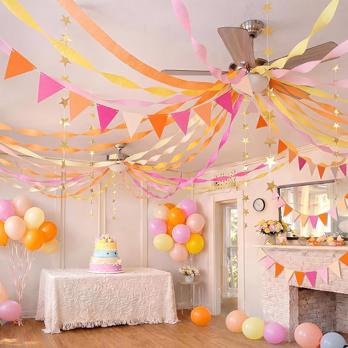 Frienda 14 Pcs Colorful Party Decorations Set 492ft Colorful Crepe Paper Streamers, 52.8ft Gold Star Garlands Backdrop and 4 Pennant Banner Flags for Wedding Birthday Fancy Party Hanging Decorations