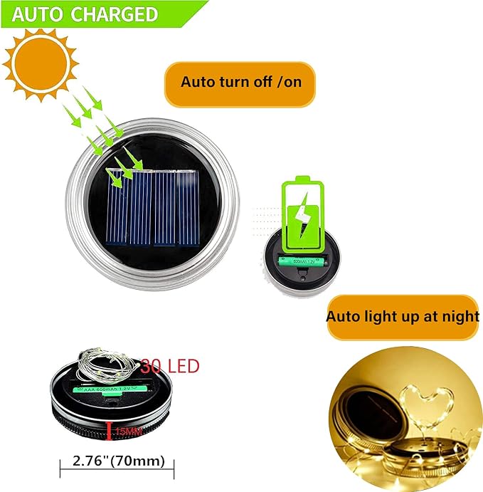 12 Pack Solar Mason Jar Lid Lights - 30 LED Firefly Fairy String Lights, Waterproof Outdoor Solar Lights with Hangers for Regular Mouth Jars (No Jars Included)