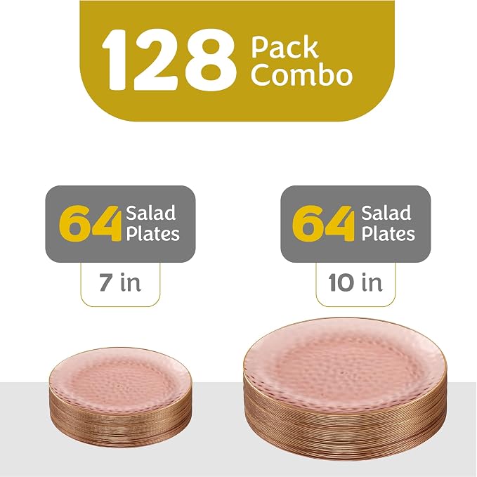 PLASTICPRO 128 Piece Combo Plates Set includes 64-7'' inch Plates & 64-10'' inch Dishes Rose Hammered Plastic PartyPlates Premium heavyweight Elegant, Disposable, Tableware, Dishes,